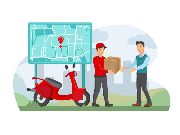 Homem feliz recebendo uma caixa de entrega em casa usando um aplicativo de smartphone, o entregador está carregando um saco
. - Vetor, Imagem