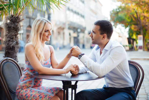 Smiling couple in love outdoors, lviv. summer - Φωτογραφία, εικόνα