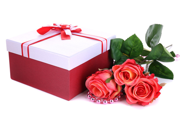 Beautiful gift box with flowers isolated on white - Fotoğraf, Görsel