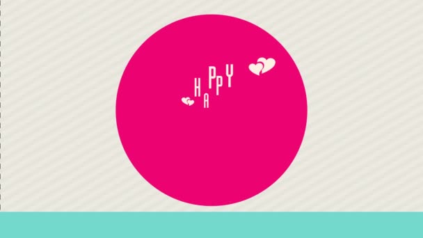 Scaling Easy Slowing Down With Spring Effect Animation Of Happy Valentines Day Love Letter Written Between Hearts And And Arrow On A Pink Rounded Over Background With Diagonal Stripes - Footage, Video