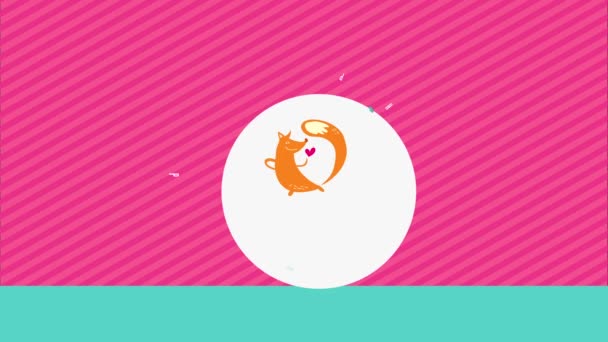 Linear Bounce And Spin Animation Of Cute Romantic Animal Valentines Day Of Orage Dancer Fox With Long Tail Smiling At Small Red Heart On Pink Striped Background - Footage, Video