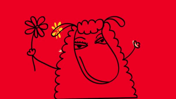 Spinning And Scale Of Animation Of Pretty Female Goat With White Fur Funny Ears And Flirty Look Holding A Flower With Her Small Hoof And Wearing Blue Eye Makeup Over Red Background - Footage, Video