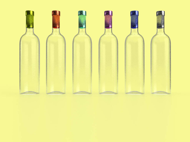 3d vykreslení různých barevných fólií zapečetěné matné skleněné víno láhev v pevném pastelově žlutém pozadí bez štítku pro produkt mockup - Fotografie, Obrázek