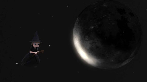 Witch ride broom flying 3d animation on full moon background. - Photo, Image