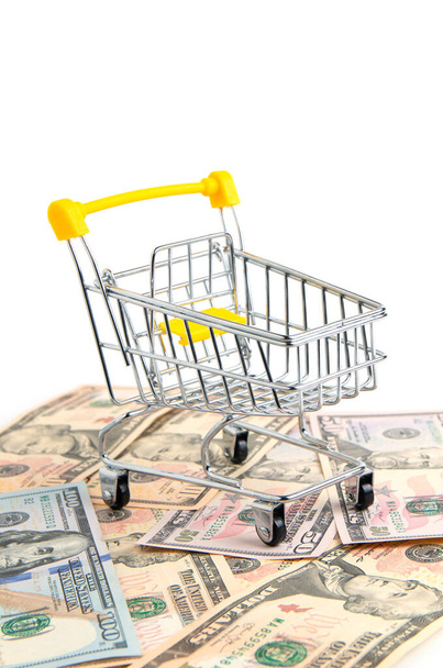 banknotes of american dollars and shopping cart - Foto, afbeelding