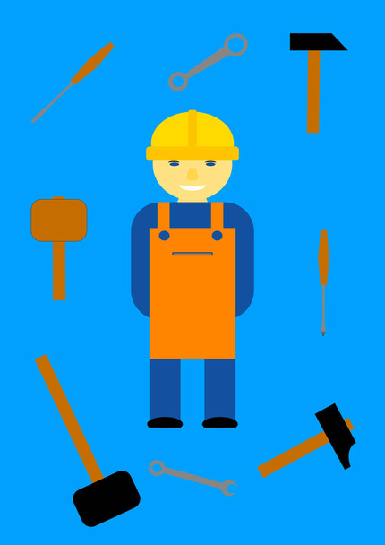 Specialist repairman with a tool in a helmet. Construction and repair. Repair of refrigerators. Repair of washing machines. Car repair. Repair equipment. Template for text. Poster. Vector. - Vector, Image