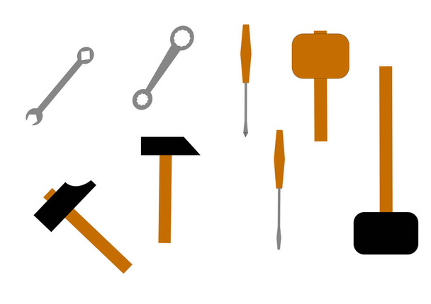 Set of bench tools on a white background. Hammer. Wrench. Construction and repair. Joiner's tool. Screwdriver. Repair equipment. Template for text. Poster. Vector. - Vector, Image