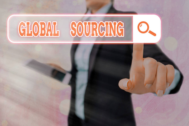 Nota de escritura que muestra Global Sourcing. Foto de negocios que muestra la práctica de abastecimiento del mercado global de bienes
. - Foto, Imagen