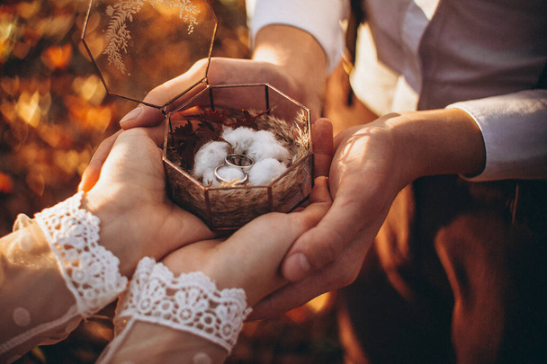 wedding rings in a stylish glass box decorated with a blossom of cotton with a blurred natural background in the shape of many bright hearts - Foto, Imagem