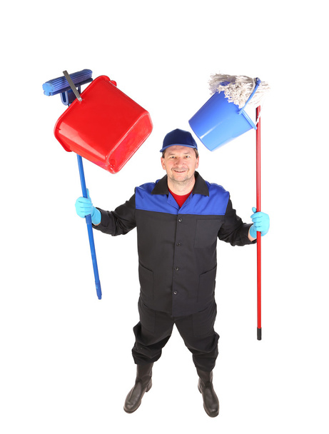Man holding cleaning supplies - Photo, Image