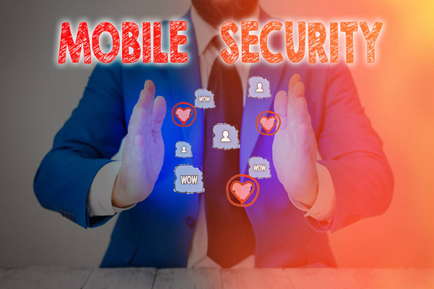 Textová značka ukazuje mobilní zabezpečení. Koncepční foto Ochrana mobilního telefonu před hrozbami a zranitelnými místy. - Fotografie, Obrázek