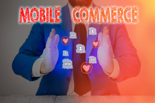 Textschild, das den mobilen Handel zeigt. Konzeptfoto Verwendung von Mobiltelefonen zur Durchführung von Online-Geschäften. - Foto, Bild