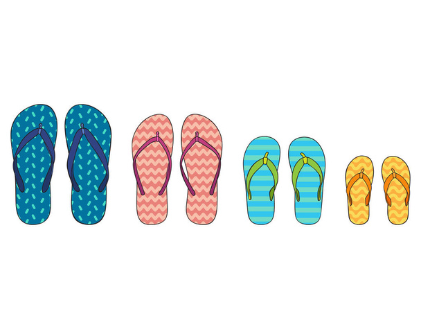 Four bright colored pairs of Flip-flops of different size - Vector, Image