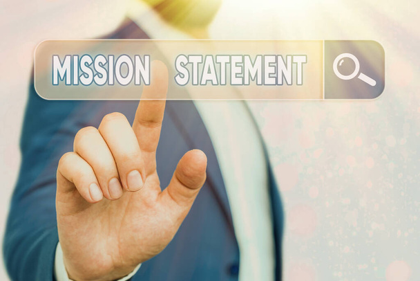 Text sign showing Mission Statement. Conceptual photo Formal summary of the aims and values of a company. - Photo, Image