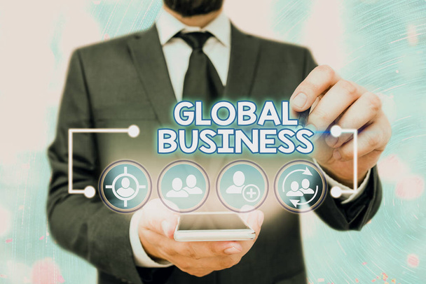 手書きテキスト｜Global Business。概念とは、世界中で事業を展開する企業が行う貿易・ビジネスシステム. - 写真・画像