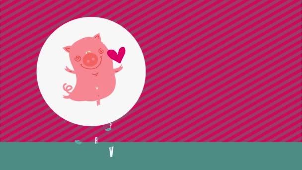 Gülümseyen Sevgililer Günü 'nün kaotik bir hareketi Sevimli, tatmin olmuş, tek kollu domuz eti ve pembe desenli arka planda bir kalp şamandırası yapmak - Video, Çekim