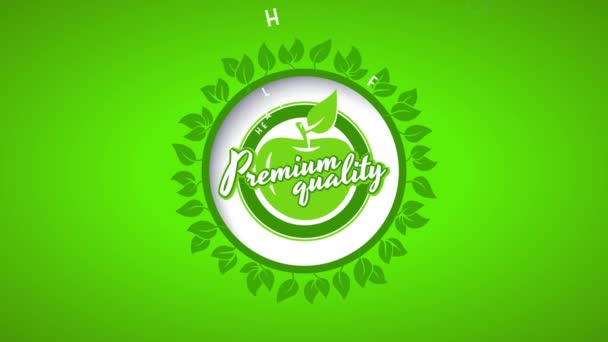 プレミアム品質の純粋な健康的な有機栄養のためのグリーンアップルのバイオ環境に優しいステッカーの線形スケーリングアニメーション - 映像、動画