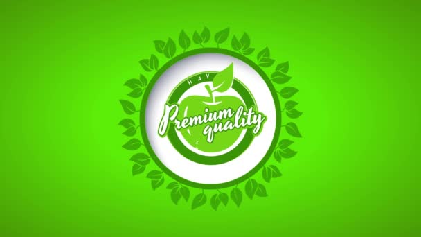 プレミアム品質の新鮮な健康的な有機食品のためのグリーンアップルのバイオ環境に優しいラベルを形成するフラット要素をバウンス - 映像、動画