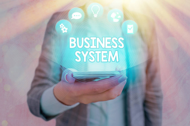 Text sign showing Business System. Conceptual photo A method of analyzing the information of organizations. - Photo, Image