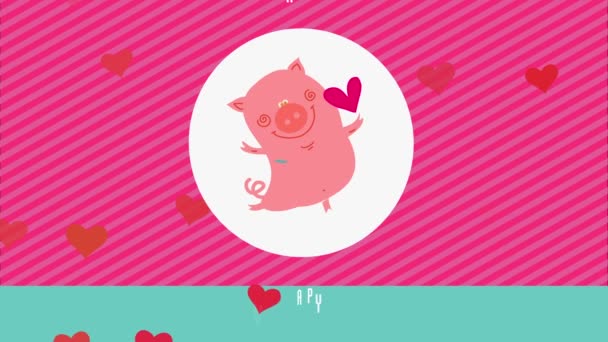 Inertial Motion With Speed Ramping Of Happy Valentines Day With Adorable Satisfied Swine Up In Only Foot And Making A Heart Float Over Color Lined Scene - Footage, Video
