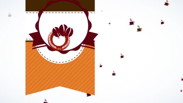 Lineare Skalierung Animation von hochwertigem Kaffee mit warmen Bohnen im Inneren lockig abgerundet auf einem gestreiften Textur-Hintergrund mit gepunkteten Linien zum Falten versiegelt - Filmmaterial, Video