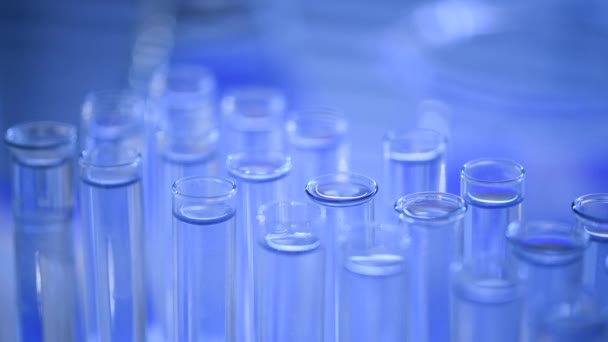 Bir laboratuarda, pipetli bir bilim adamı test tüplerindeki DNA ve molekülleri ayırmak için mavi bir sıvıyı analiz eder. Sıvıyla çalışan doktor.. - Video, Çekim