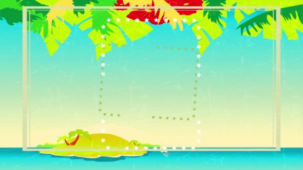 Spowolnienie animacji ze sprężystym efektem Tropical Beach Party Wkrótce napisany z klasycznej typografii nad Paradise Island w letni dzień i hawajski wieniec sugerując luksusowe oferty wakacyjne - Materiał filmowy, wideo