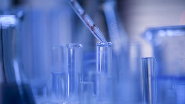In een laboratorium analyseert een wetenschapper met een pipet een blauwe vloeistof om het DNA en de moleculen in de reageerbuizen te extraheren. Dokter die met vloeistof werkt. - Video