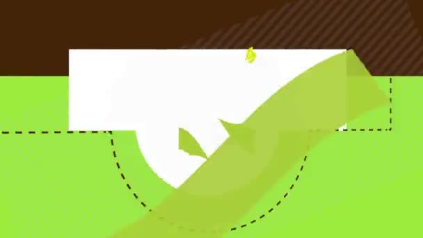Γραμμική αναπήδηση και περιστροφή Animation της ρυθμιζόμενης αφίσας για τα φυσικά ζωτικής σημασίας τρόφιμα εκτός σε 3 τμήματα και ένα γραμματόσημο στο κέντρο με τα χέρια αρπάζοντας ένα μήλο και πιτσιλισμένες γραμμές προς την περικοπή - Πλάνα, βίντεο