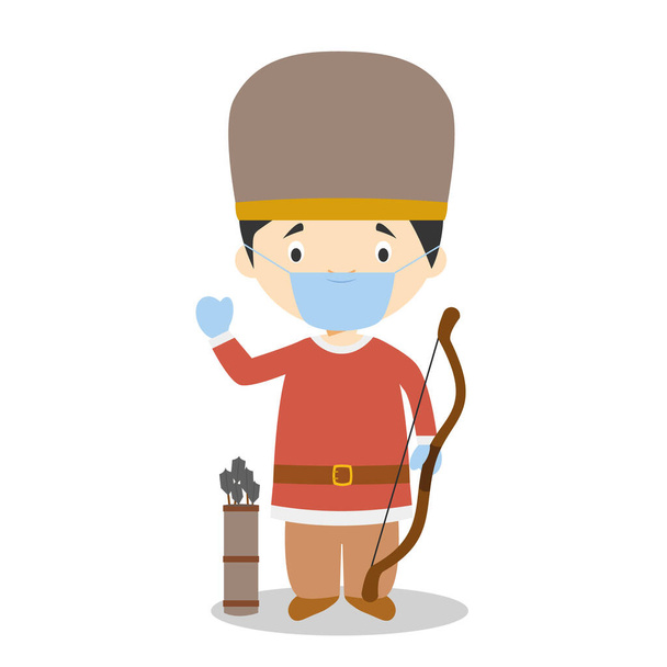 Personaje de Hungría vestido de la manera tradicional como un guerrero magiar y con máscara quirúrgica y guantes de látex como protección contra una emergencia sanitaria
 - Vector, imagen