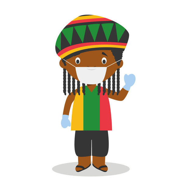 Karakter Jamaica öltözött a hagyományos módon raszta, sebészeti maszk és latex kesztyű, mint a védelem egy egészségügyi vészhelyzet ellen - Vektor, kép