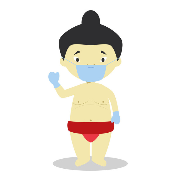 Japon bir karakter sumo güreşçisi gibi giyinmiş ve ameliyat maskesi ve lateks eldivenli acil bir duruma karşı korunmak için. - Vektör, Görsel