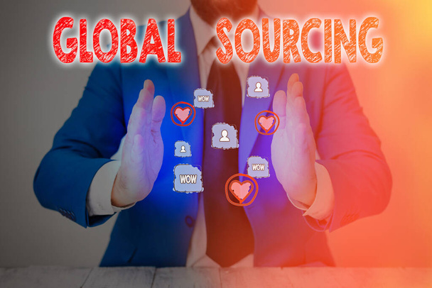 Sinal de texto mostrando Global Sourcing. Prática fotográfica conceitual de fornecimento a partir do mercado global de bens
. - Foto, Imagem