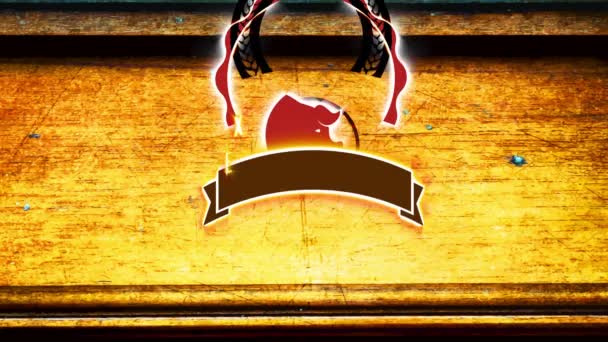 Snelheid Ramping en schuif Animatie van Klassiek vlees slager winkel begrijpen kunst met cirkelvormige versierd met granen takken een varkensvlees hoofd en genezen medaille over oude houten ruimte - Video