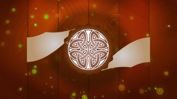 Linear Scaling Animation Of Whiskey Pub Over Dreamlike Wood Scene Luminous Behind Formal Wavy Seal Made With Celtic Mandala And Surrounded By Types Of Beer - Footage, Video