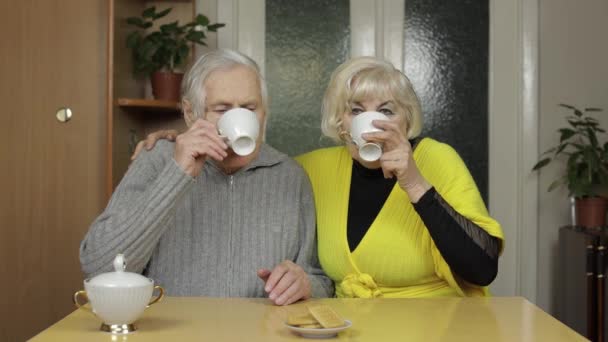 Glückliches altes Großelternpaar sitzt zu Hause am Tisch und trinkt gemeinsam Tee - Filmmaterial, Video