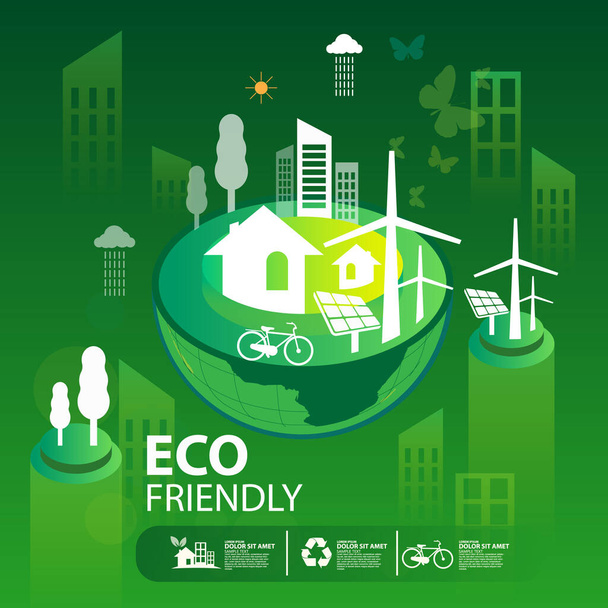 Eco zelené město.Zachraňte svět a životní prostředí.Městská krajina pro zelené energie izometrický styl.Vektorové ilustrace. - Vektor, obrázek