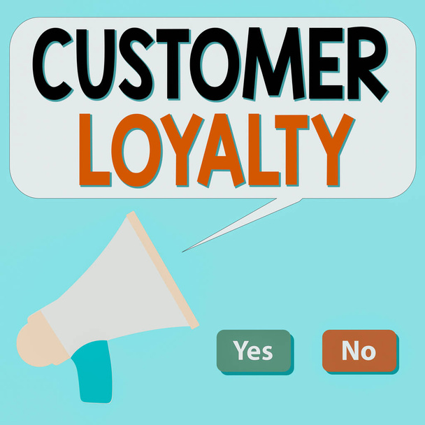 Writing note showing Customer Loyalty. Business photo showcasing result of consistently positive emotional experience Selection Button Green and Red with Speech Bubble Megaphone. - Photo, Image