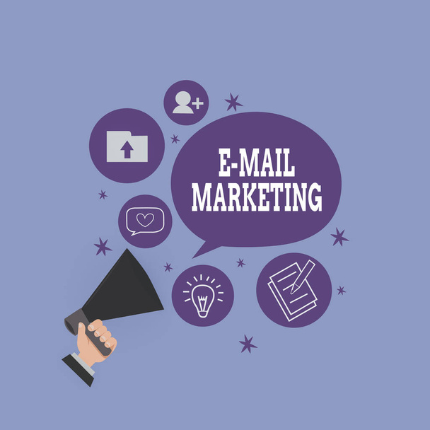 Handwriting text Email Marketing. Concept meaning Sending a commercial message to a group of showing using mail Hu analysis Hand Holding Megaphone Talking Different Topic and Speech Bubble. - Photo, Image