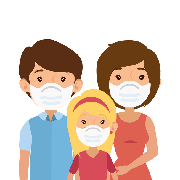 parents with daughter using face mask - Vector, afbeelding