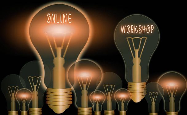 Scrittura concettuale a mano che mostra Workshop Online. Mostre fotografiche di beni e merci sui siti web elettronici
. - Foto, immagini