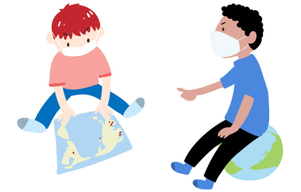 Εικονογράφηση αγοριών που φορούν μάσκα και κοιτάζουν τον παγκόσμιο χάρτη με καρφίτσα κολλημένη - Διάνυσμα, εικόνα