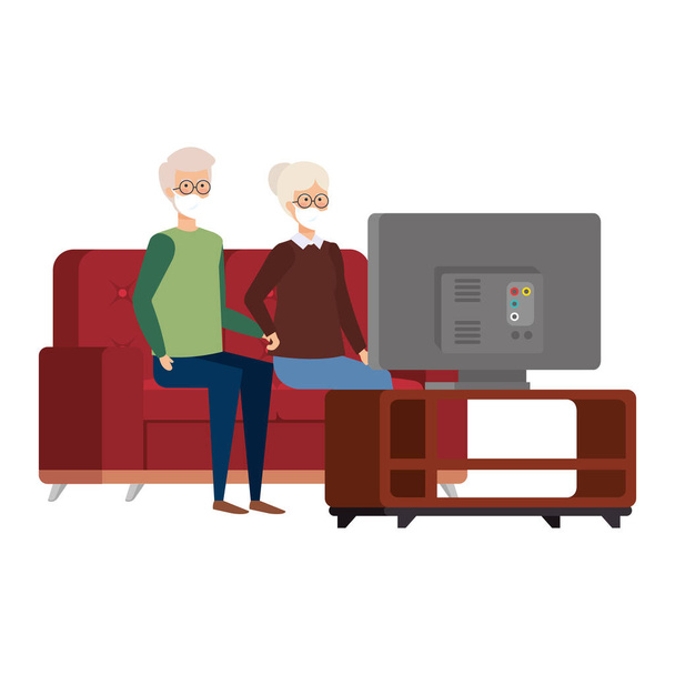 grootouders paar met behulp van gezichtsmasker televisie kijken - Vector, afbeelding