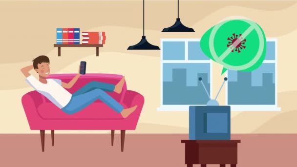ficar em casa campanha com o homem assistindo tv no sofá
 - Filmagem, Vídeo