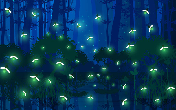 szentjánosbogarak a mangrove erdőben éjszaka - Vektor, kép