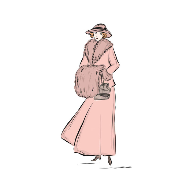 Κυρία με vintage ροζ παλτό, μακριά φούστα, καπέλο κρατά χριστουγεννιάτικα δώρα. Η γυναίκα ζεσταίνει τα χέρια της..  - Διάνυσμα, εικόνα