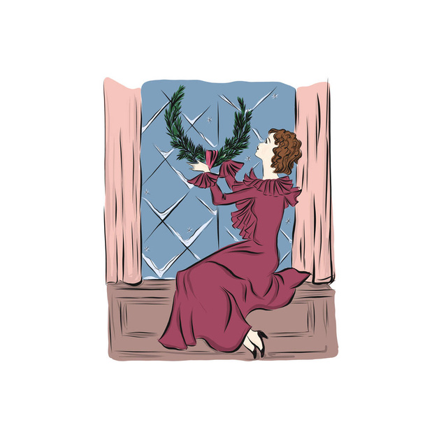  Woman decorates window with Christmas wreath of fir branches. Lady in vintage style from the nineteenth century. Coloring page.  - Vector, Image