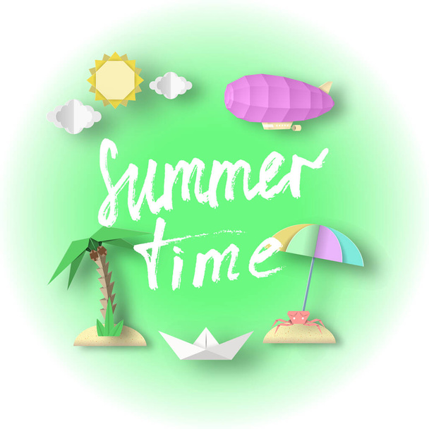 Hello Summer Colorful Paper Art Banner, Origami Unusual Elegant Elements with Text, Conceptual Decorative Stylish Background, 3D Cut Paper Objects, Vector Illustration Art Design - Вектор,изображение