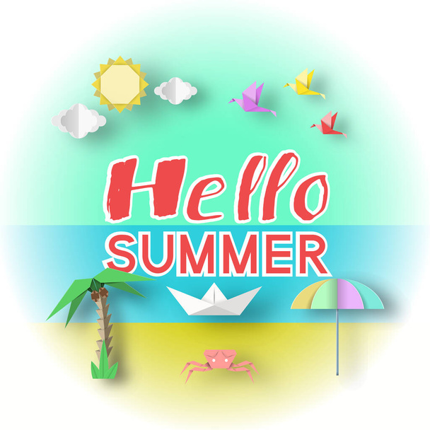 Hello Summer Conceptual Paper Art Banner, Origami Unusual Elegant Elements with Text, Unusual Decorative Stylish Background, 3D Cut Paper Objects, Vector Illustration Art Design - Vector, Image