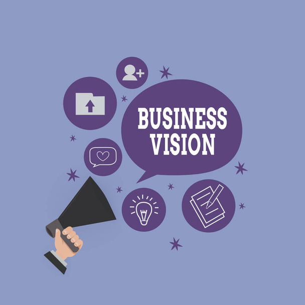 Textový rukopis Business Vision. Koncepce znamená růst vašeho podnikání v budoucnu na základě vašich cílů Hu analýza Hand Holding Megaphone Talking různé téma a řečové bubliny. - Fotografie, Obrázek